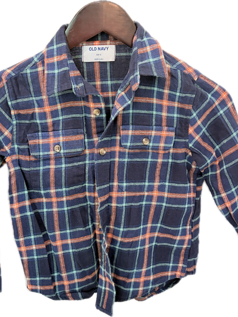 Old Navy Navy Plaid Button-Down Shirt with Orange and Light Teal Stripes